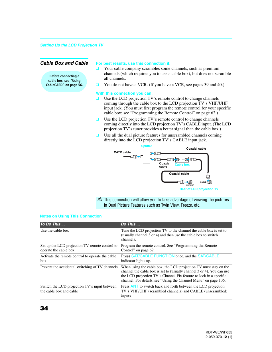 Cable box and cable | Sony KDF-55WF655 User Manual | Page 34 / 132