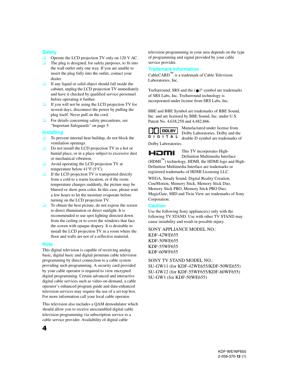 Sony KDF-55WF655 User Manual | Page 4 / 132