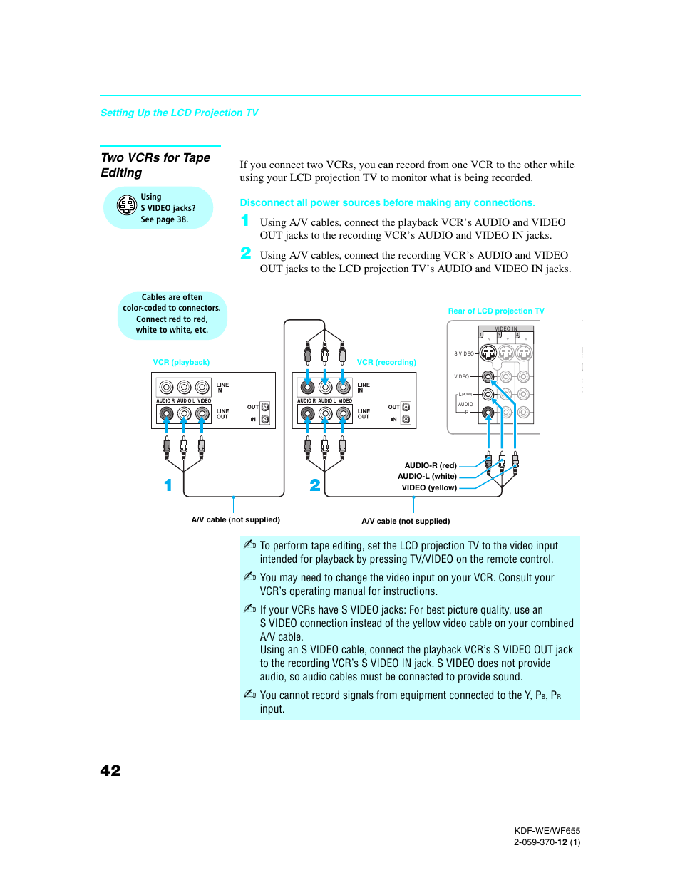 Two vcrs for tape editing | Sony KDF-55WF655 User Manual | Page 42 / 132