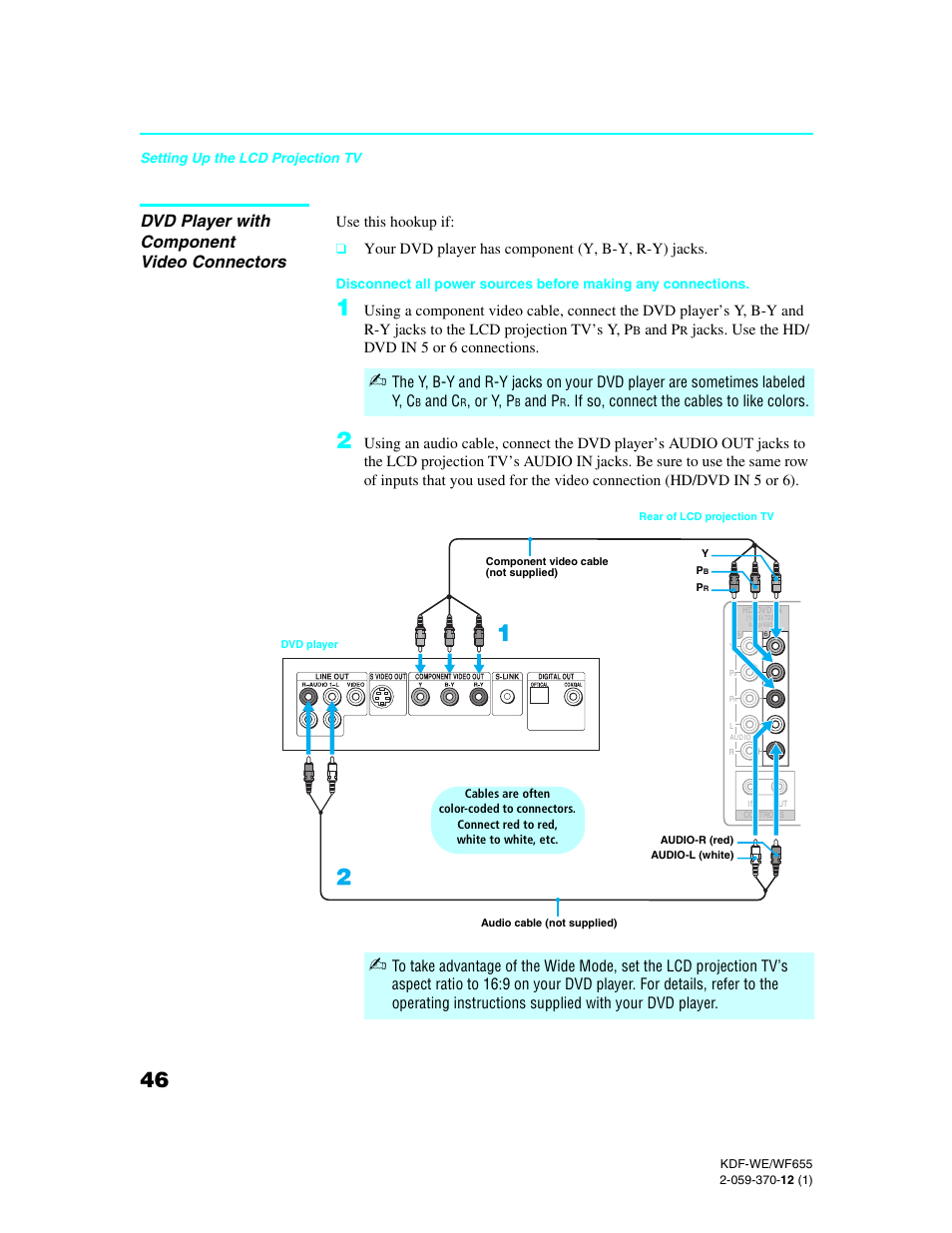 Dvd player with component video connectors | Sony KDF-55WF655 User Manual | Page 46 / 132