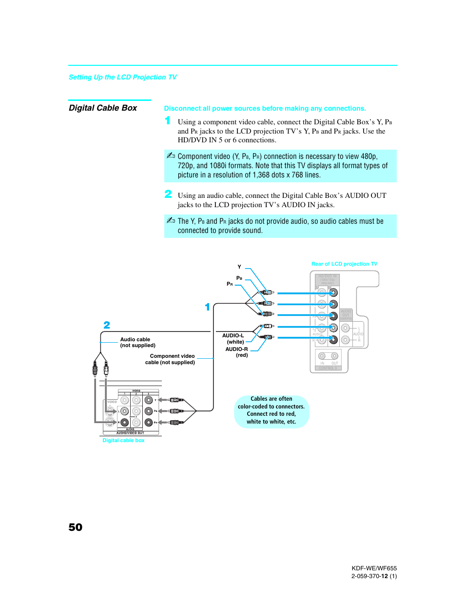 Digital cable box, And p, Jacks to the lcd projection tv’s y, p | Jacks. use the hd/dvd in 5 or 6 connections, Component video (y, p, The y, p | Sony KDF-55WF655 User Manual | Page 50 / 132