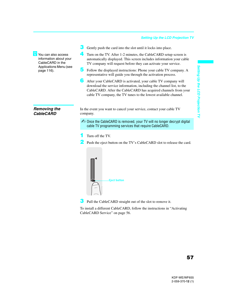 Removing the cablecard | Sony KDF-55WF655 User Manual | Page 57 / 132