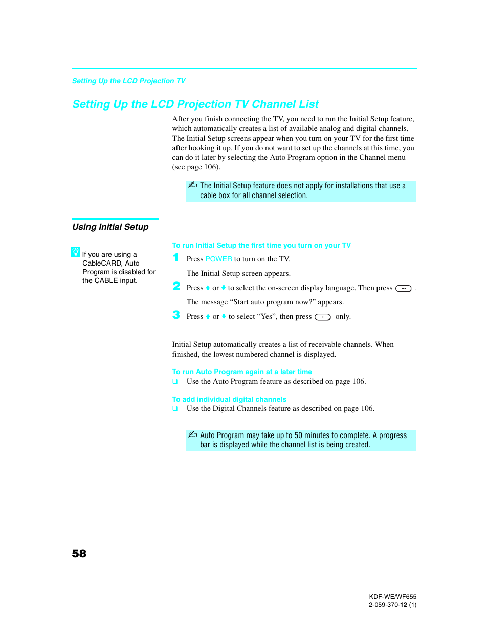 Setting up the lcd projection tv channel list, Using initial setup | Sony KDF-55WF655 User Manual | Page 58 / 132