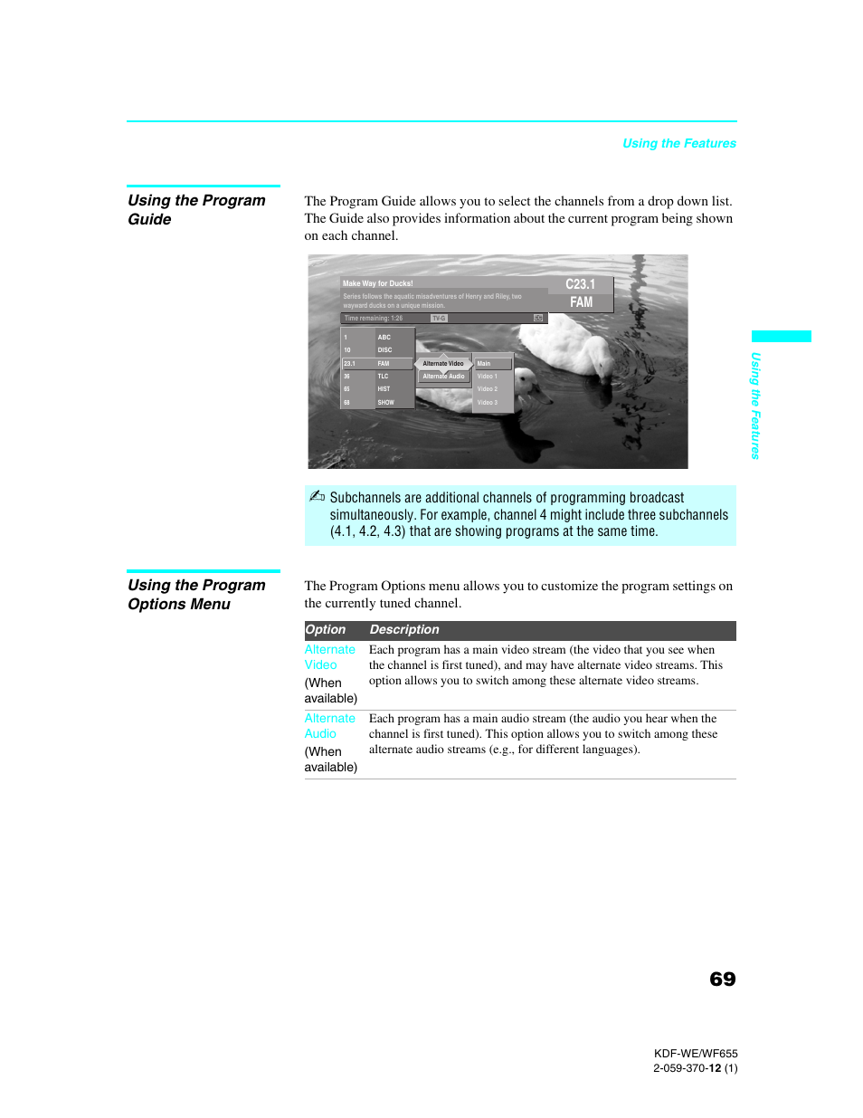 Using the program guide, Using the program options menu | Sony KDF-55WF655 User Manual | Page 69 / 132