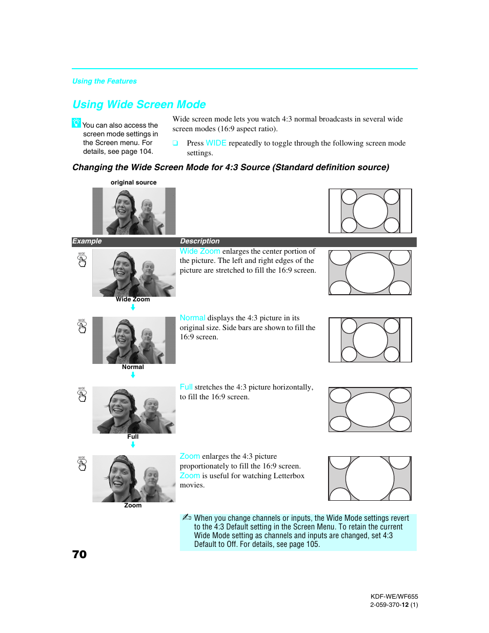 Using wide screen mode | Sony KDF-55WF655 User Manual | Page 70 / 132