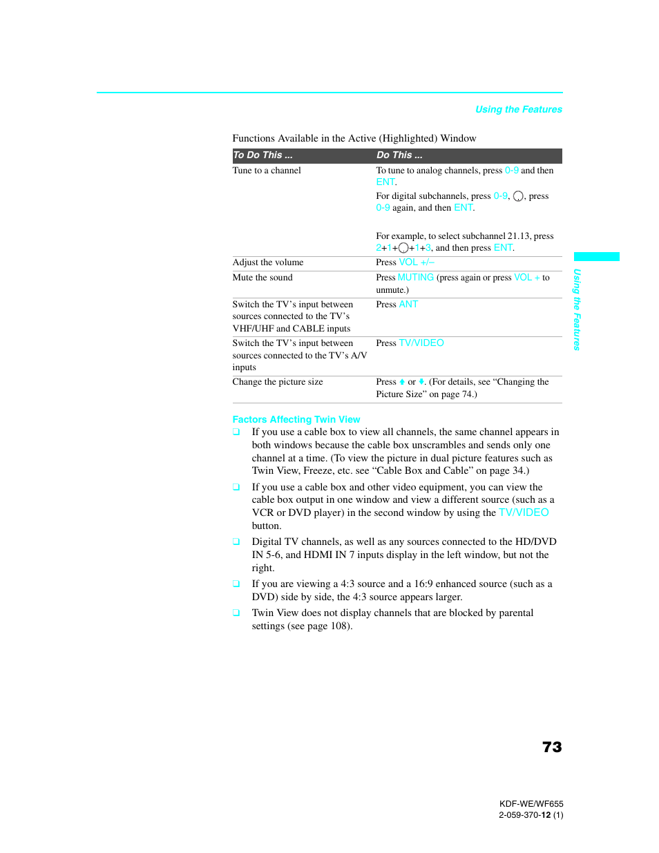 Sony KDF-55WF655 User Manual | Page 73 / 132