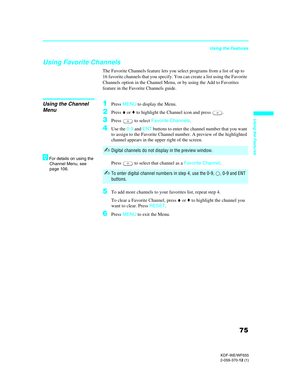 Using favorite channels, Using the channel menu | Sony KDF-55WF655 User Manual | Page 75 / 132