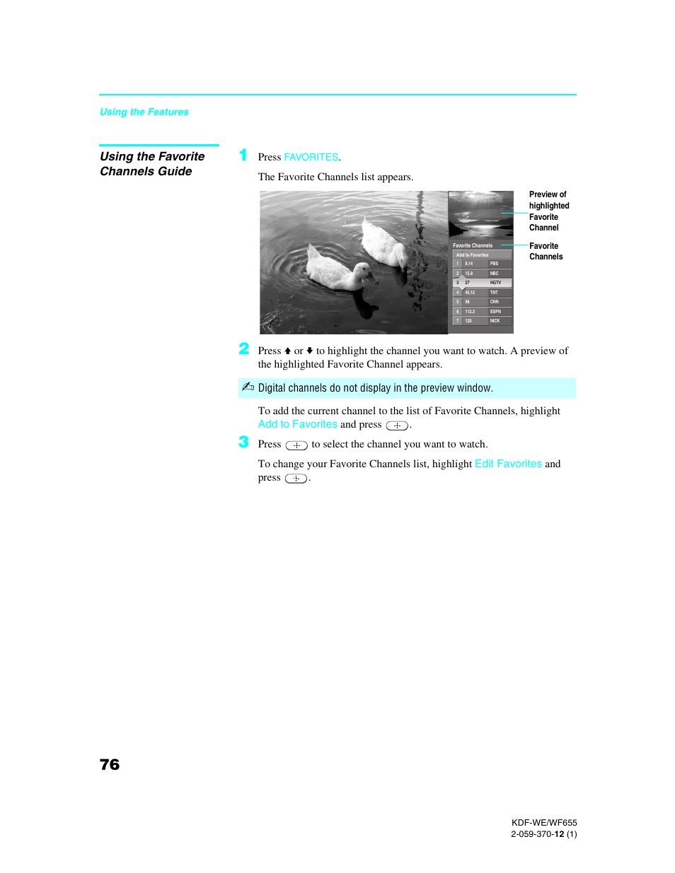 Using the favorite channels guide | Sony KDF-55WF655 User Manual | Page 76 / 132