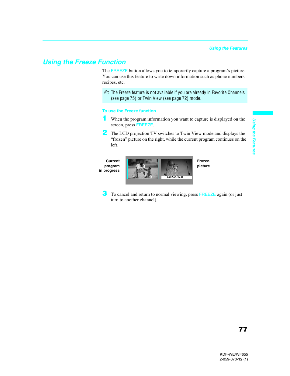 Using the freeze function | Sony KDF-55WF655 User Manual | Page 77 / 132