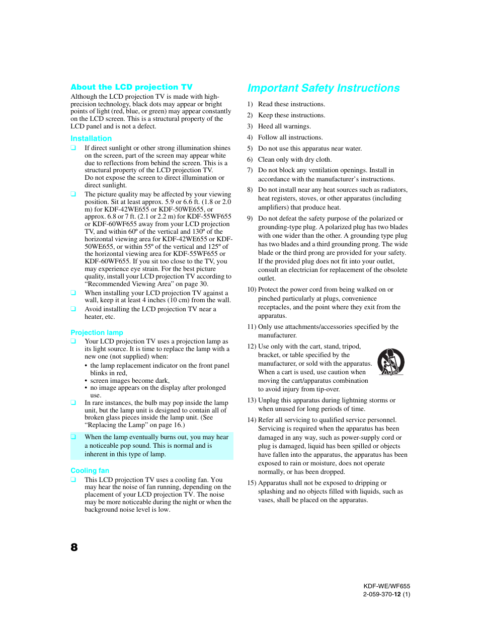 Important safety instructions | Sony KDF-55WF655 User Manual | Page 8 / 132