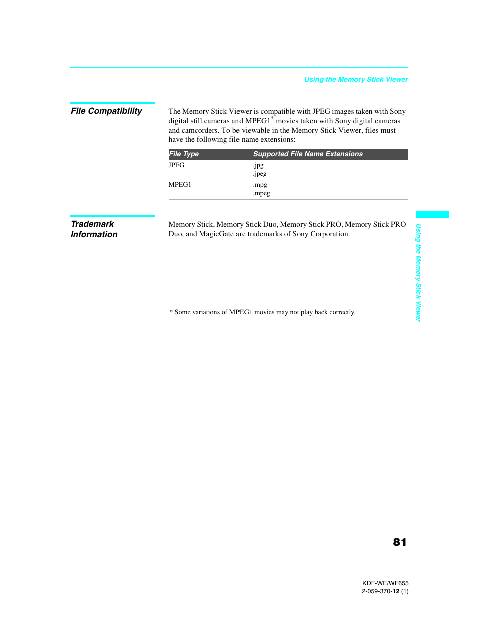 File compatibility, Trademark information | Sony KDF-55WF655 User Manual | Page 81 / 132