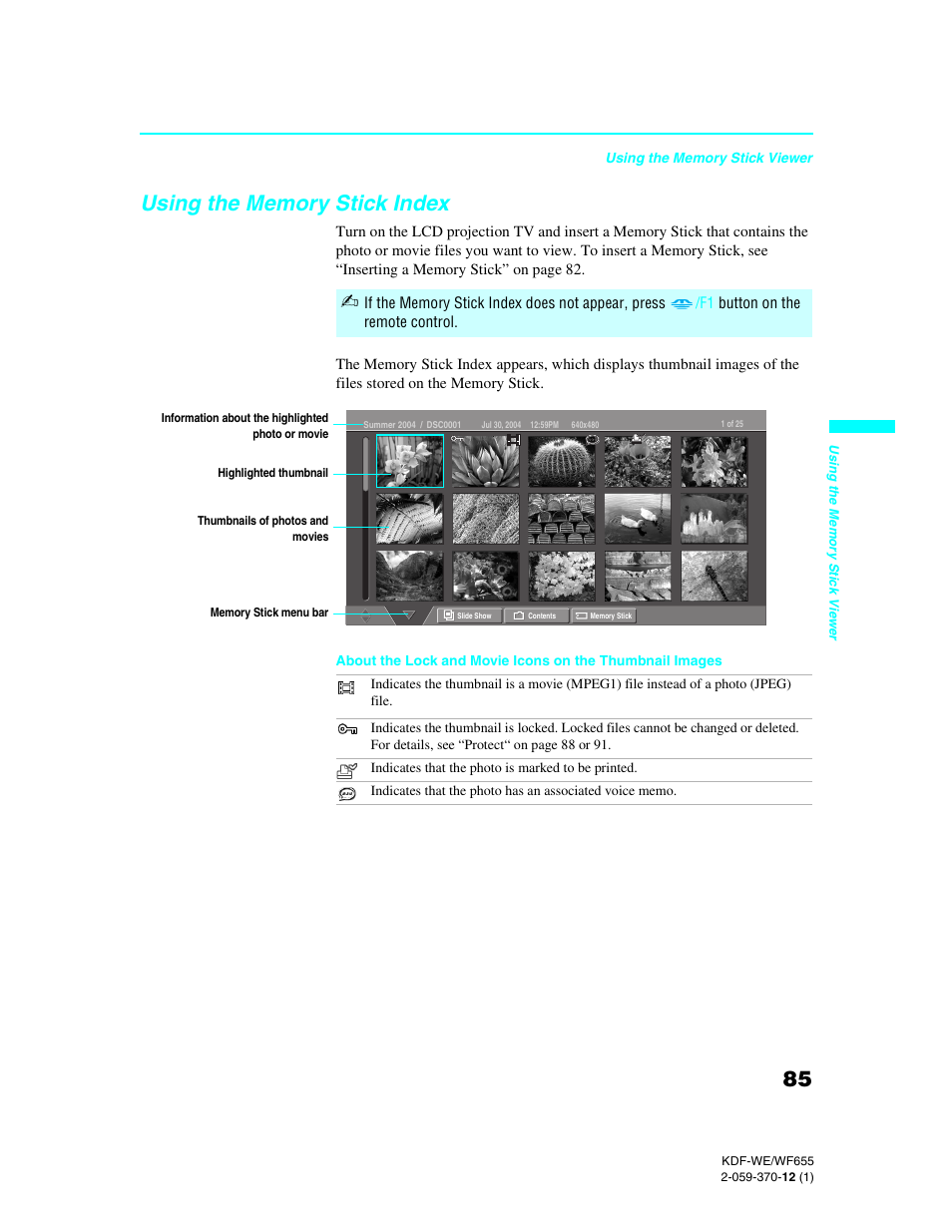 Using the memory stick index | Sony KDF-55WF655 User Manual | Page 85 / 132