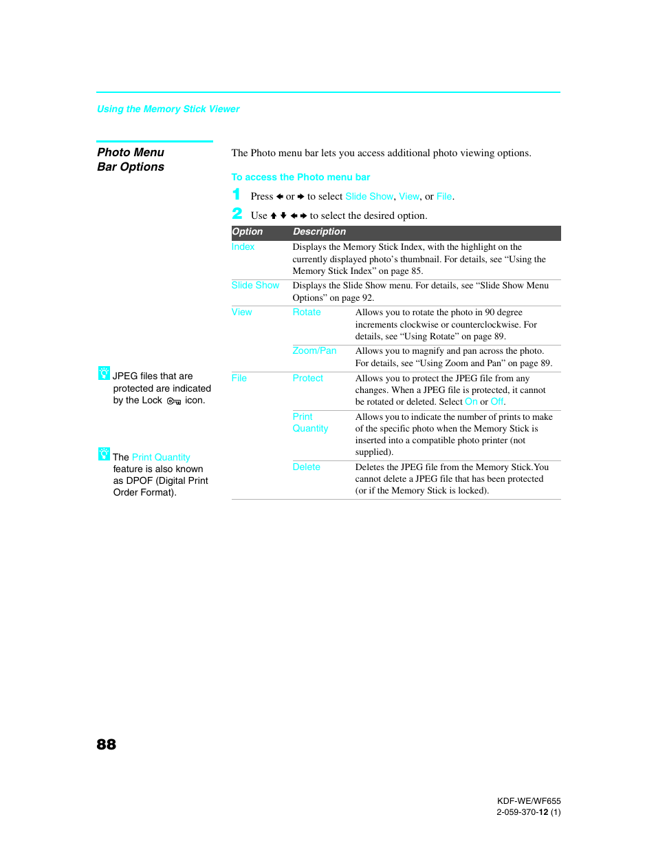 Photo menu bar options | Sony KDF-55WF655 User Manual | Page 88 / 132