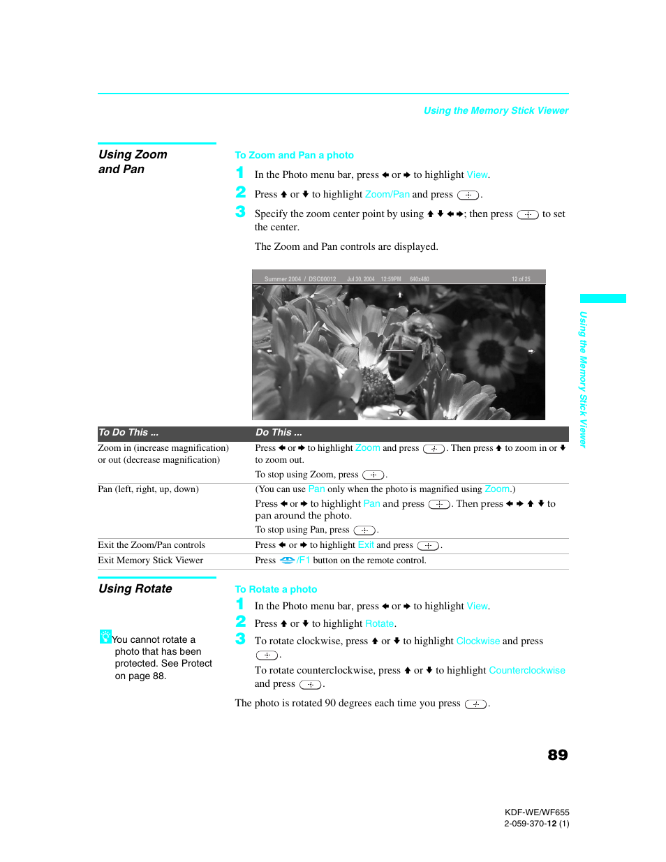 Using zoom and pan, Using rotate | Sony KDF-55WF655 User Manual | Page 89 / 132