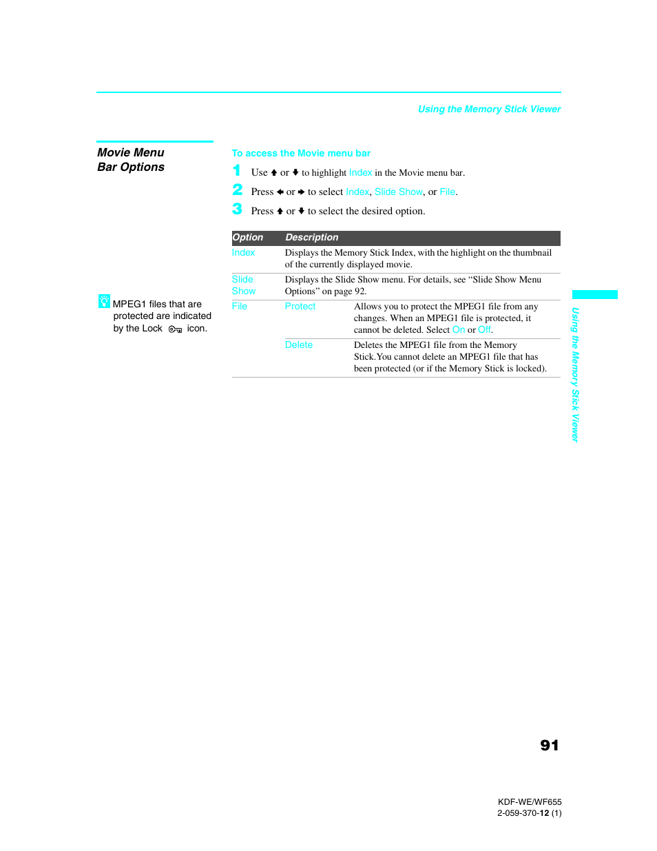 Movie menu bar options | Sony KDF-55WF655 User Manual | Page 91 / 132