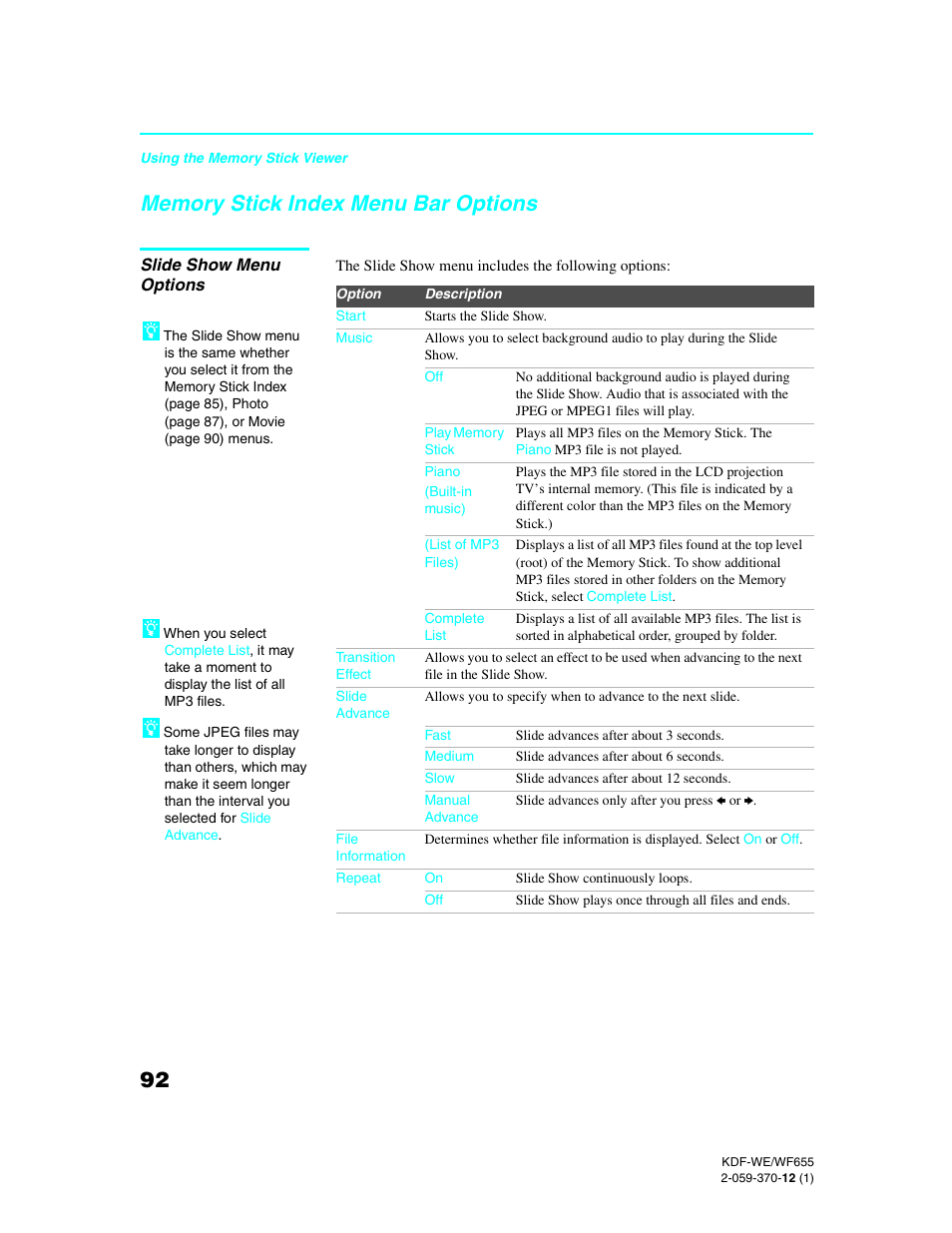 Memory stick index menu bar options, Slide show menu options | Sony KDF-55WF655 User Manual | Page 92 / 132