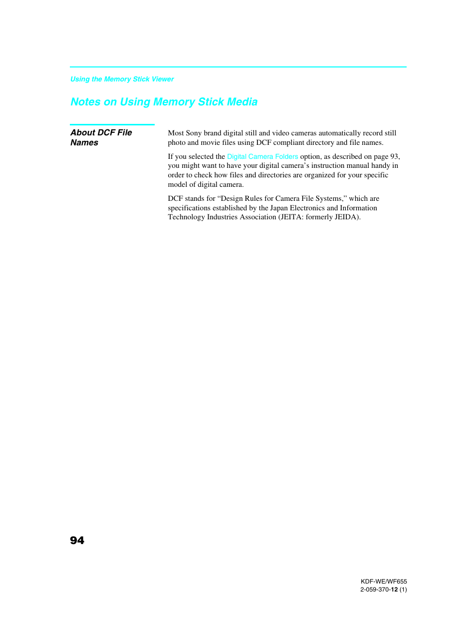 Notes on using memory stick media, About dcf file names | Sony KDF-55WF655 User Manual | Page 94 / 132