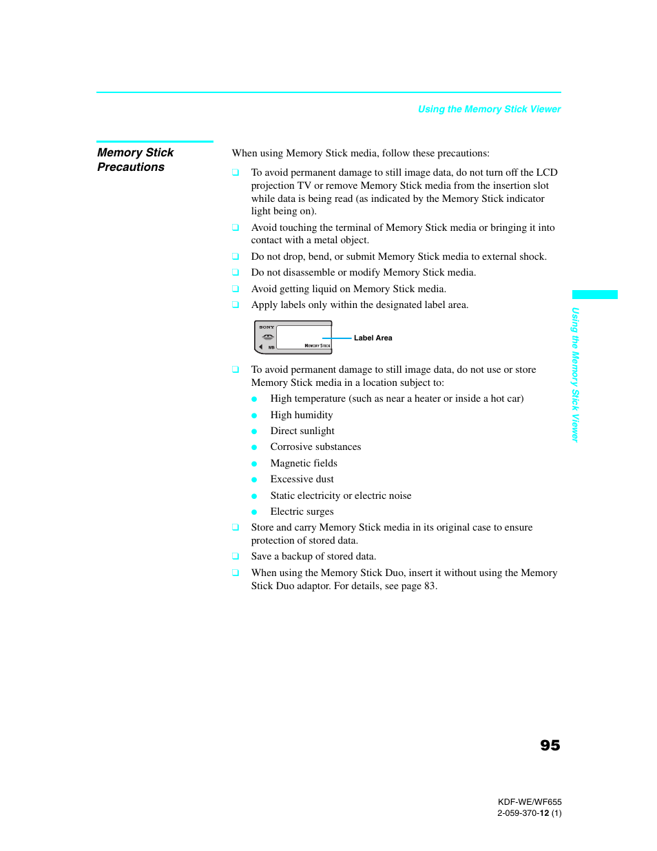 Memory stick precautions | Sony KDF-55WF655 User Manual | Page 95 / 132