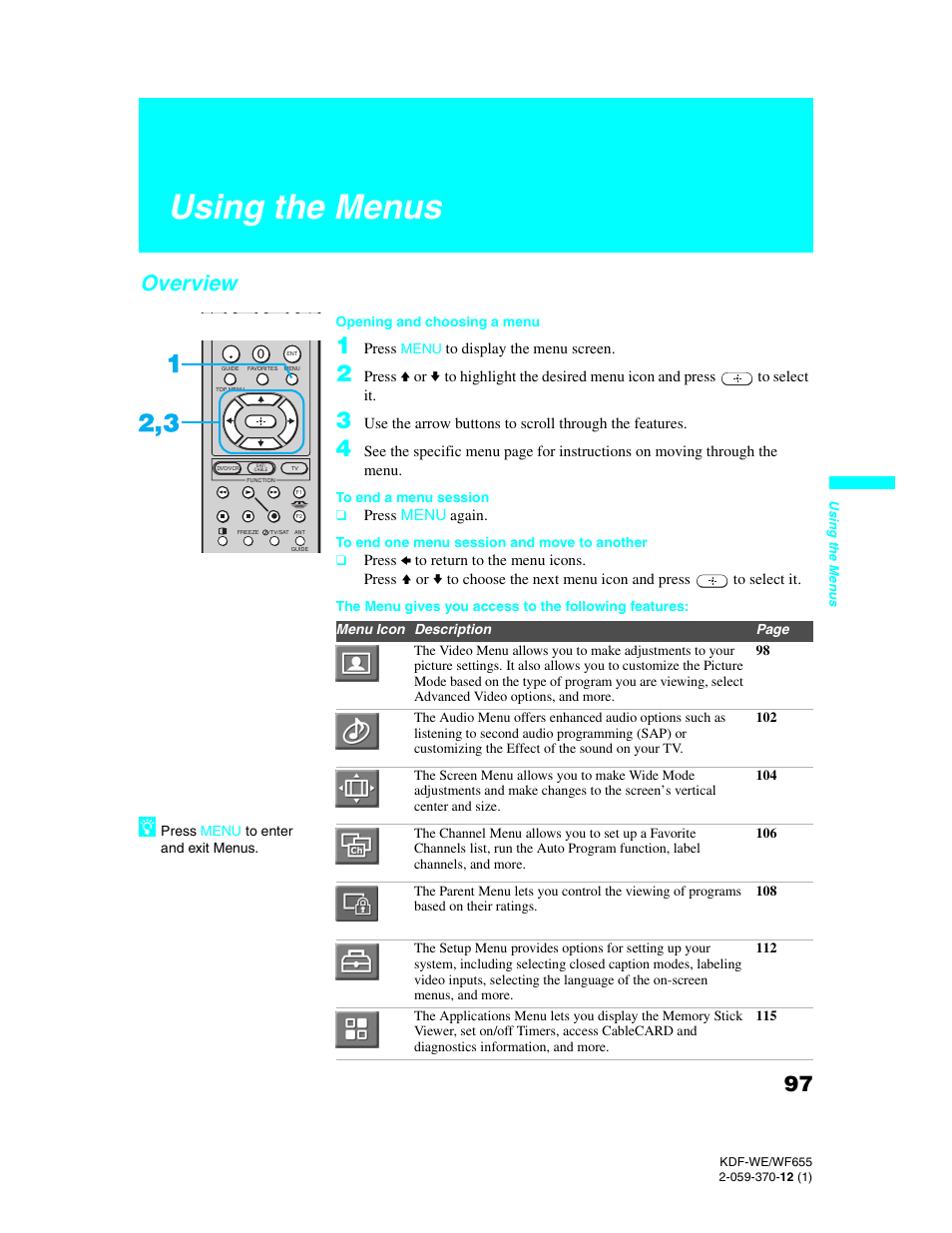 Using the menus, Overview | Sony KDF-55WF655 User Manual | Page 97 / 132