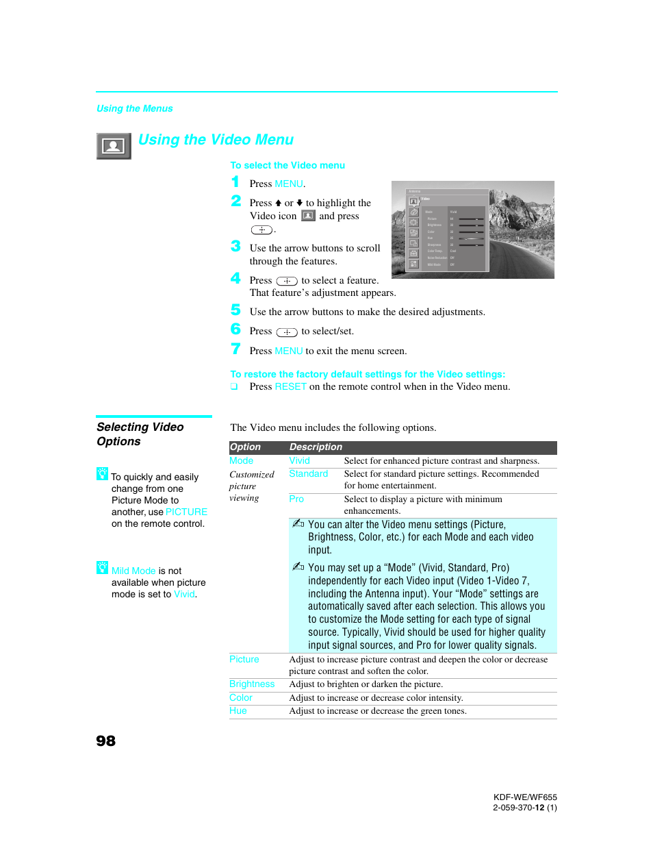 Using the video menu, Selecting video options | Sony KDF-55WF655 User Manual | Page 98 / 132