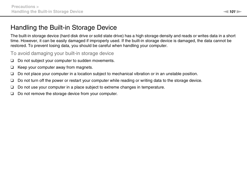 Handling the built-in storage device | Sony VPCYB35KX User Manual | Page 101 / 145