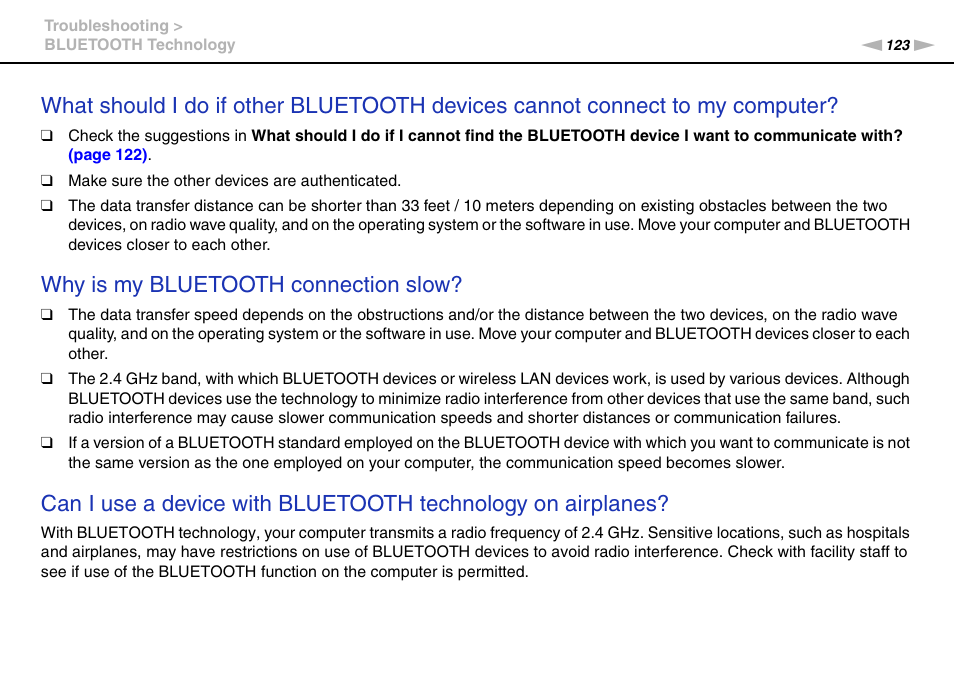 Why is my bluetooth connection slow | Sony VPCYB35KX User Manual | Page 123 / 145