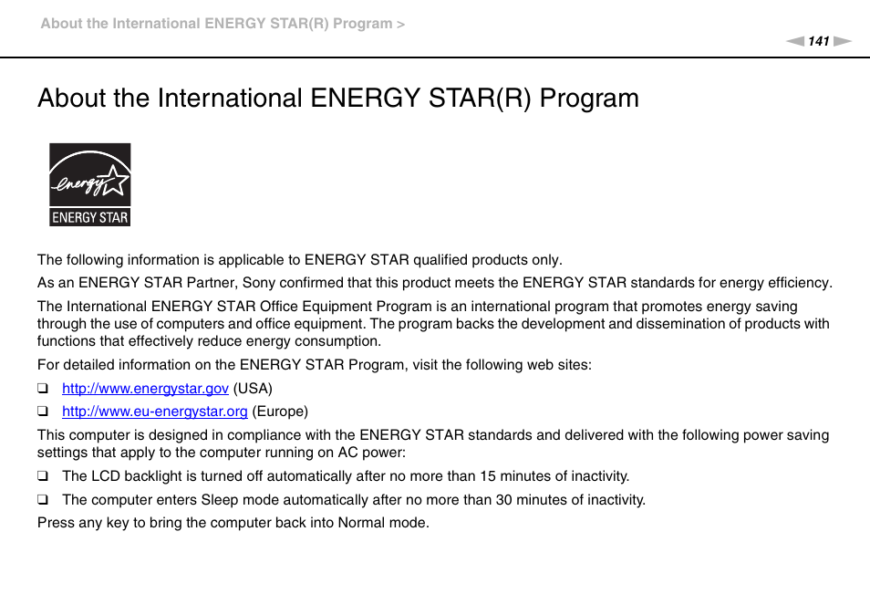 About the international energy star(r) program | Sony VPCYB35KX User Manual | Page 141 / 145