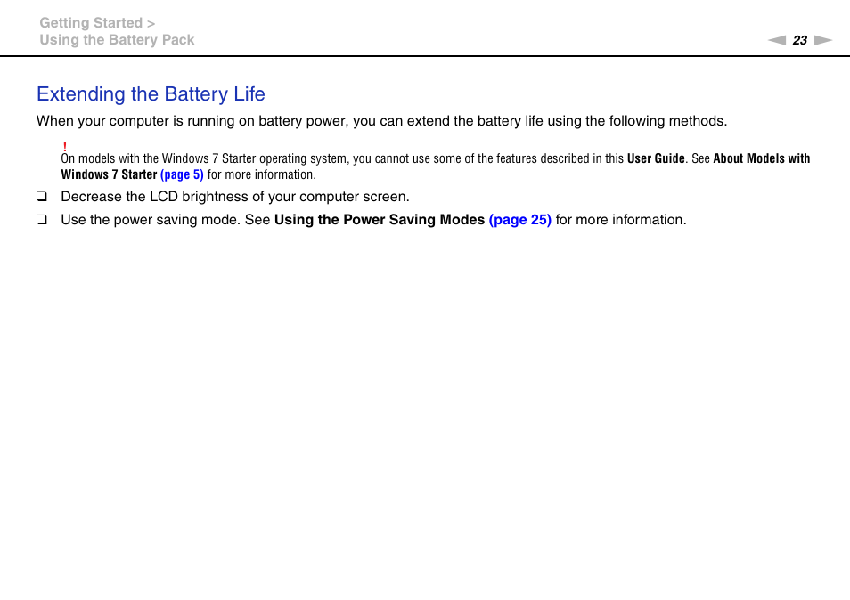 Extending the battery life | Sony VPCYB35KX User Manual | Page 23 / 145