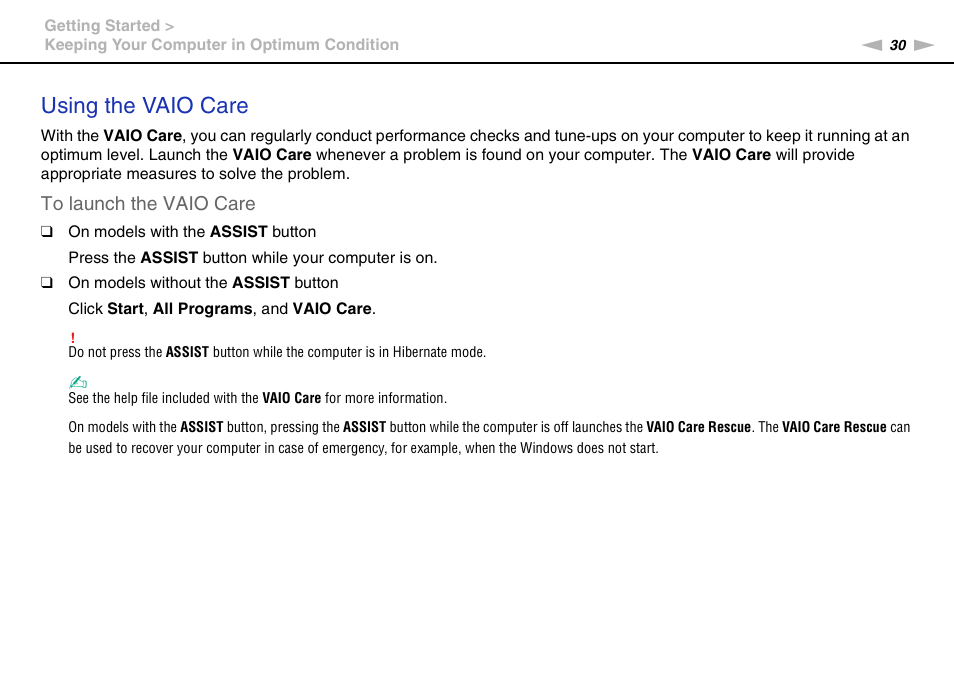 Using the vaio care | Sony VPCYB35KX User Manual | Page 30 / 145