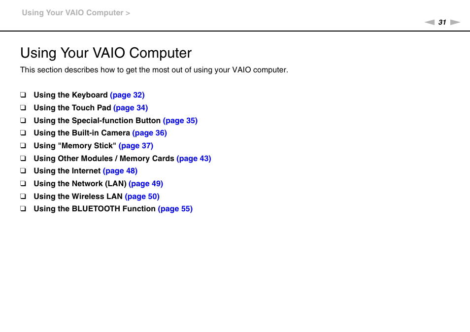 Using your vaio computer | Sony VPCYB35KX User Manual | Page 31 / 145