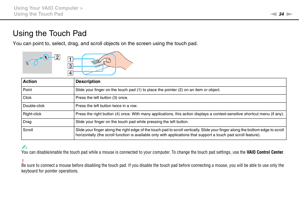 Using the touch pad | Sony VPCYB35KX User Manual | Page 34 / 145