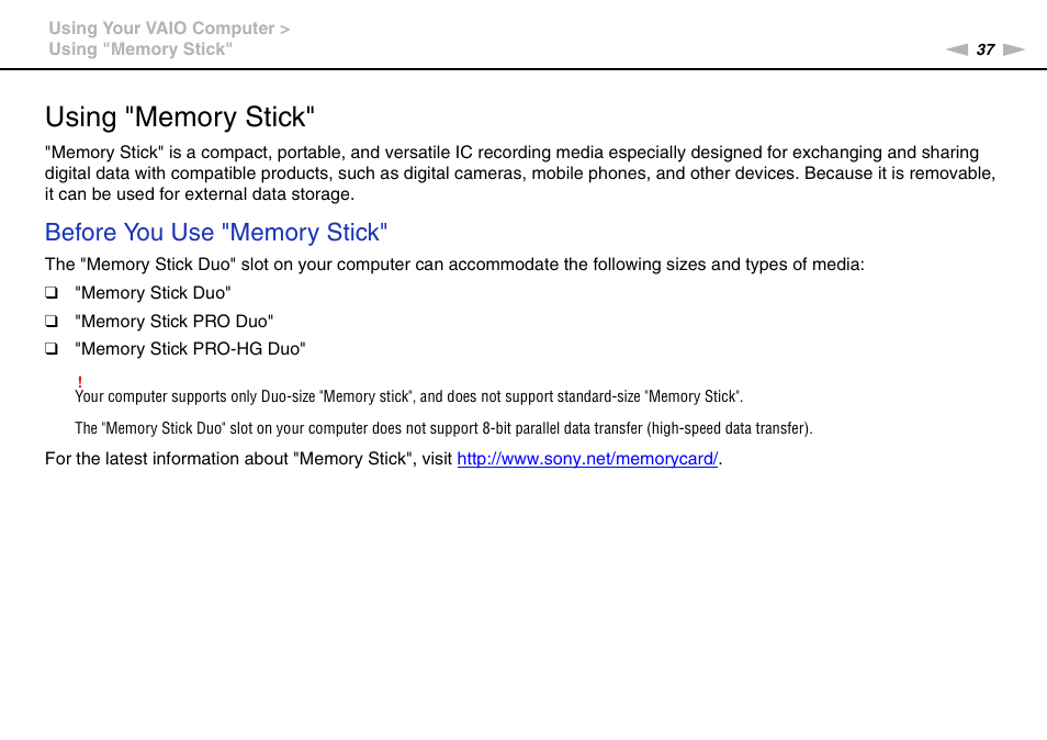Using "memory stick | Sony VPCYB35KX User Manual | Page 37 / 145