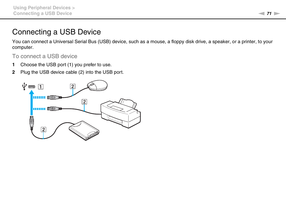Connecting a usb device | Sony VPCYB35KX User Manual | Page 71 / 145