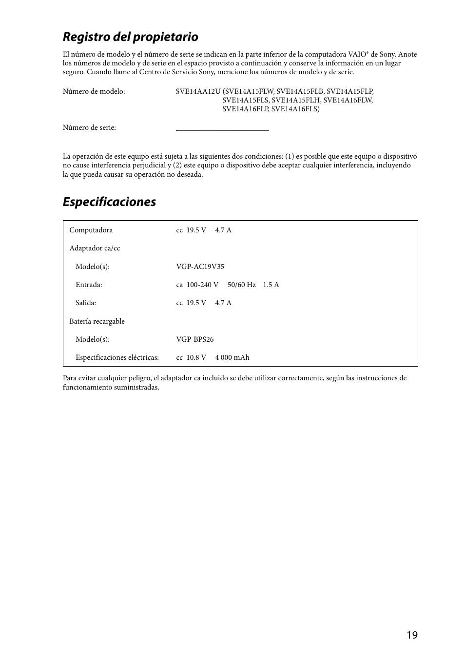 Registro del propietario, Especificaciones | Sony SVE14A15FXS User Manual | Page 19 / 36