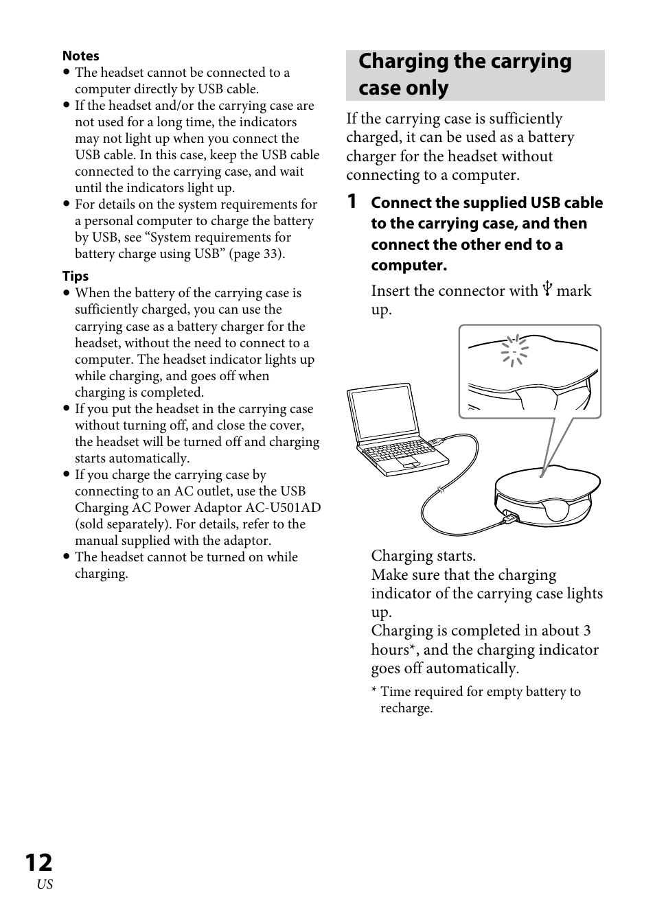 Charging the carrying case only | Sony XBA-BT75 User Manual | Page 12 / 64