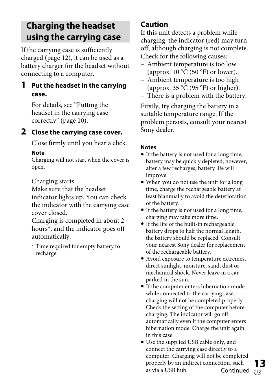 Charging the headset using the carrying case, Charging the headset using the, Carrying case | Caution | Sony XBA-BT75 User Manual | Page 13 / 64