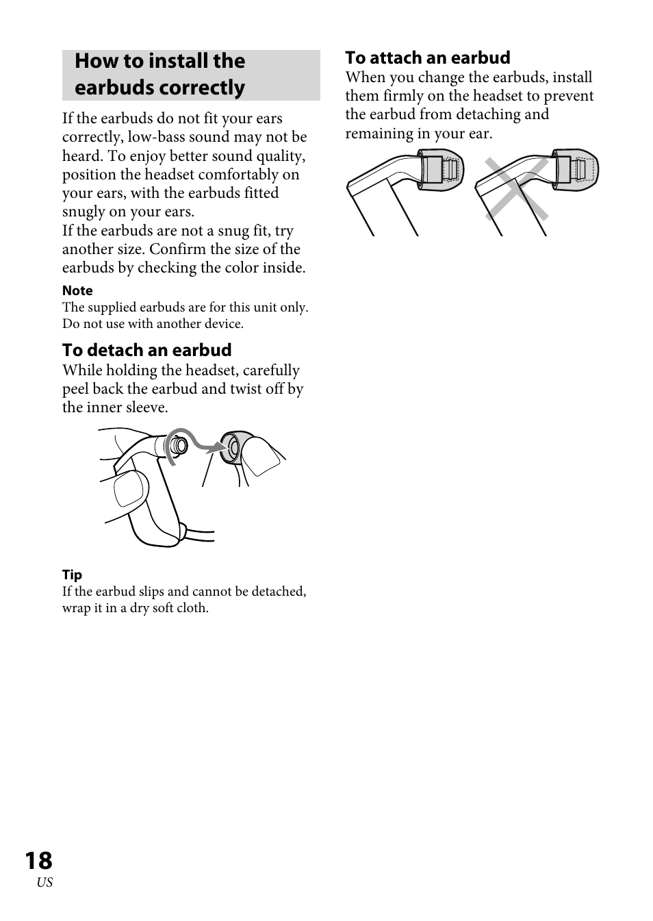 How to install the earbuds correctly, How to install the earbuds, Correctly | Sony XBA-BT75 User Manual | Page 18 / 64