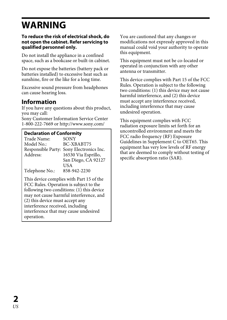 Warning, Information | Sony XBA-BT75 User Manual | Page 2 / 64