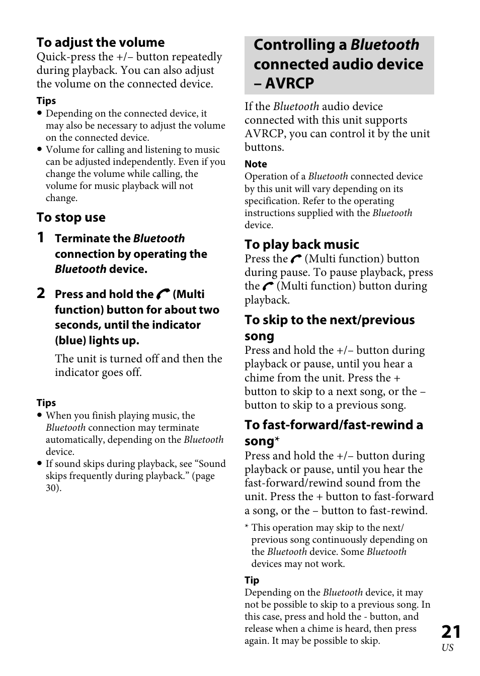 Controlling a bluetooth connected, Audio device – avrcp | Sony XBA-BT75 User Manual | Page 21 / 64