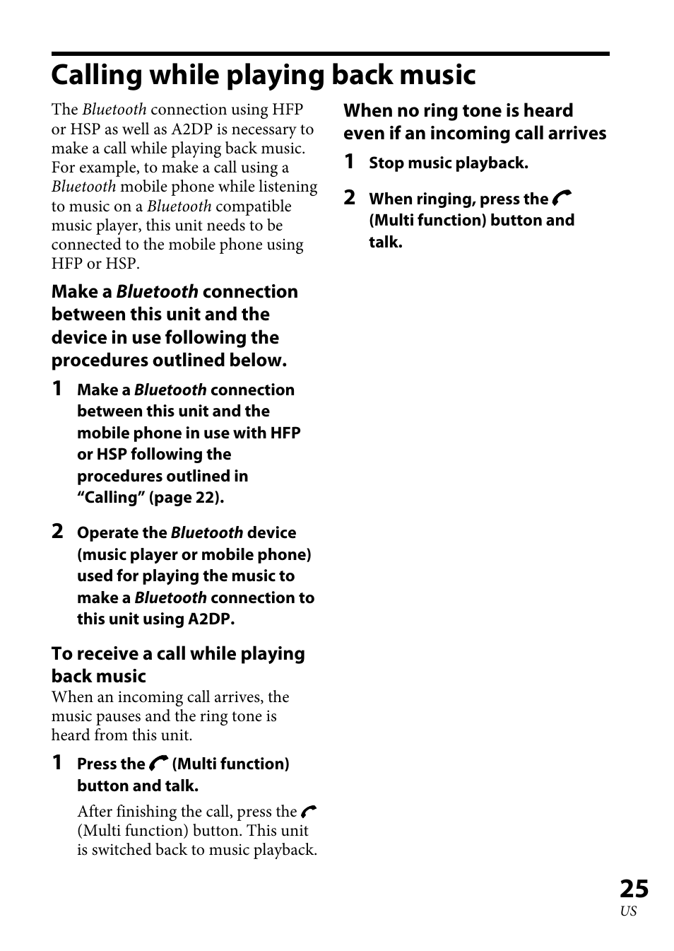 Calling while playing back music, Calling while playing back, Music | Sony XBA-BT75 User Manual | Page 25 / 64