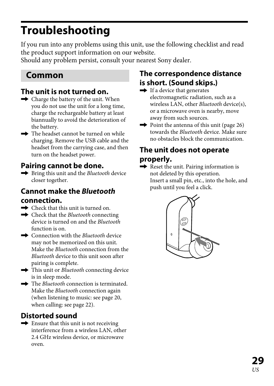 Troubleshooting, Common, Troubleshooting ................... 9 | The unit is not turned on, Pairing cannot be done, Cannot make the bluetooth connection, Distorted sound, The unit does not operate properly | Sony XBA-BT75 User Manual | Page 29 / 64