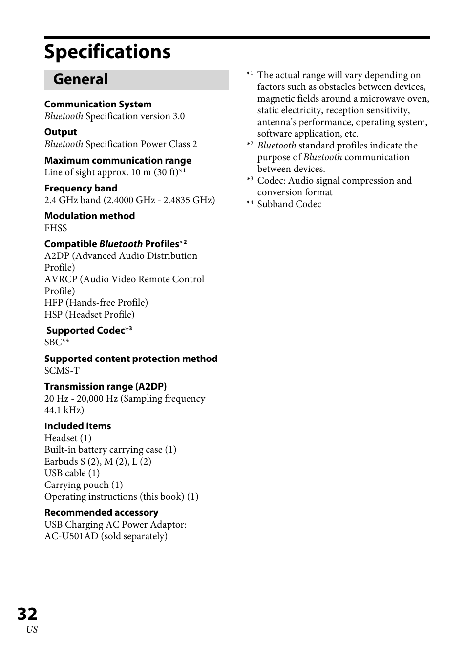 Specifications, General | Sony XBA-BT75 User Manual | Page 32 / 64