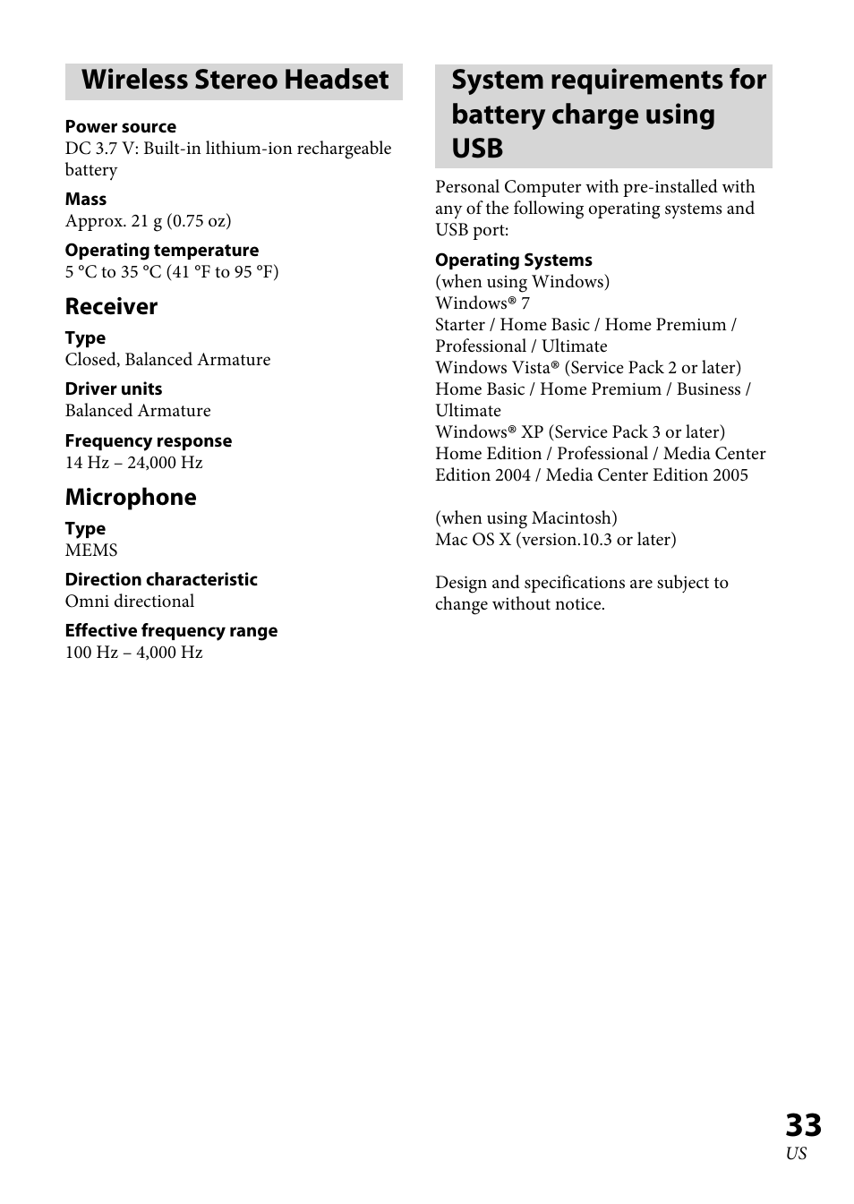 Wireless stereo headset, System requirements for battery charge using usb, System requirements for battery | Charge using usb | Sony XBA-BT75 User Manual | Page 33 / 64