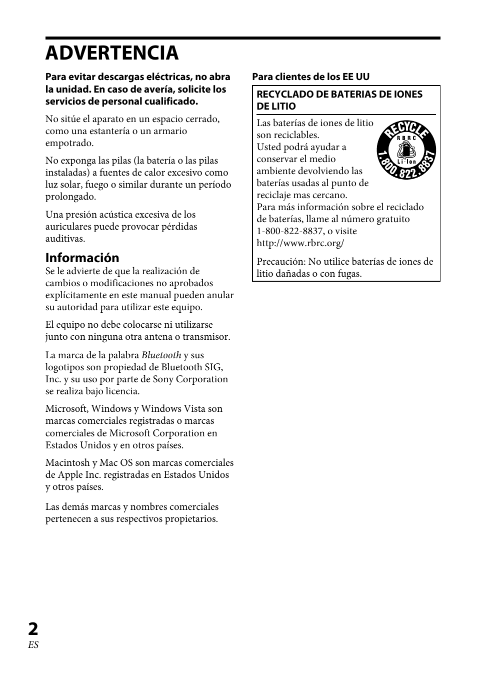 Advertencia, Información | Sony XBA-BT75 User Manual | Page 34 / 64