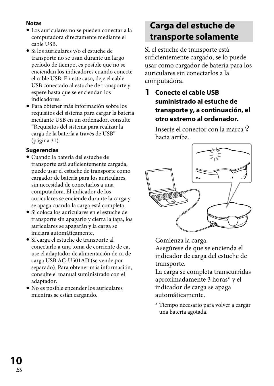 Carga del estuche de transporte solamente, Carga del estuche de transporte, Solamente | Sony XBA-BT75 User Manual | Page 42 / 64