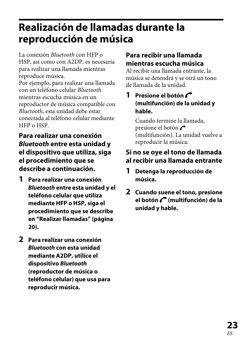 Realización de llamadas, Durante la reproducción de, Música | Sony XBA-BT75 User Manual | Page 55 / 64