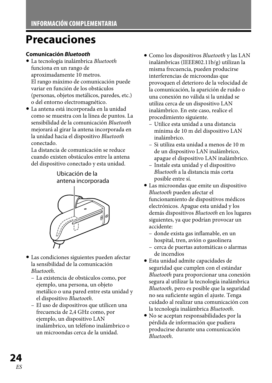 Precauciones, Precauciones ......................... 4, Información complementaria | Sony XBA-BT75 User Manual | Page 56 / 64