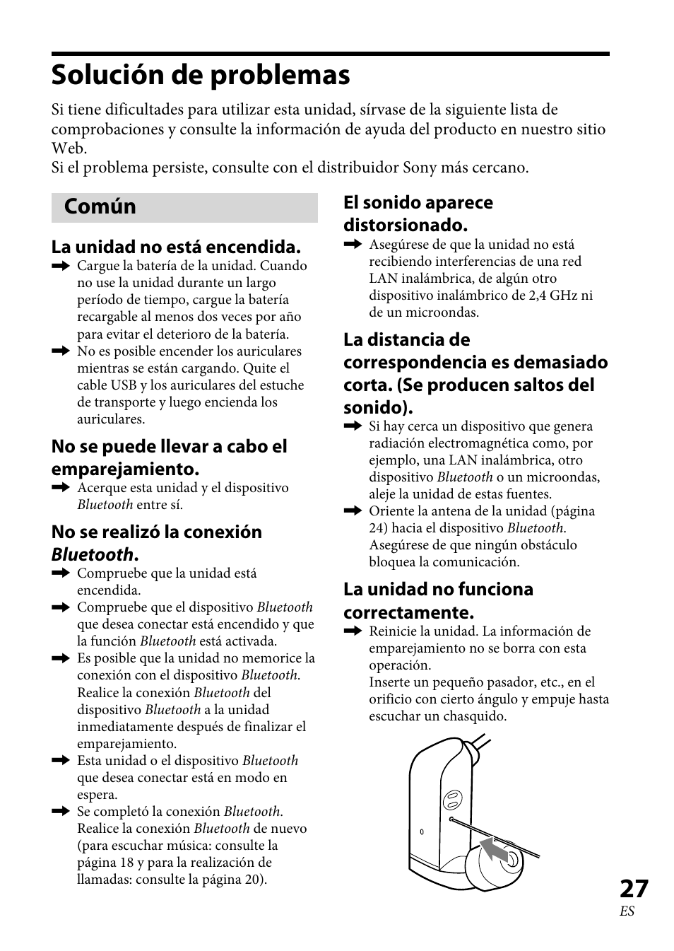 Solución de problemas, Común, Solución de problemas ........ 7 | La unidad no está encendida, No se puede llevar a cabo el emparejamiento, No se realizó la conexión bluetooth, El sonido aparece distorsionado, La unidad no funciona correctamente | Sony XBA-BT75 User Manual | Page 59 / 64