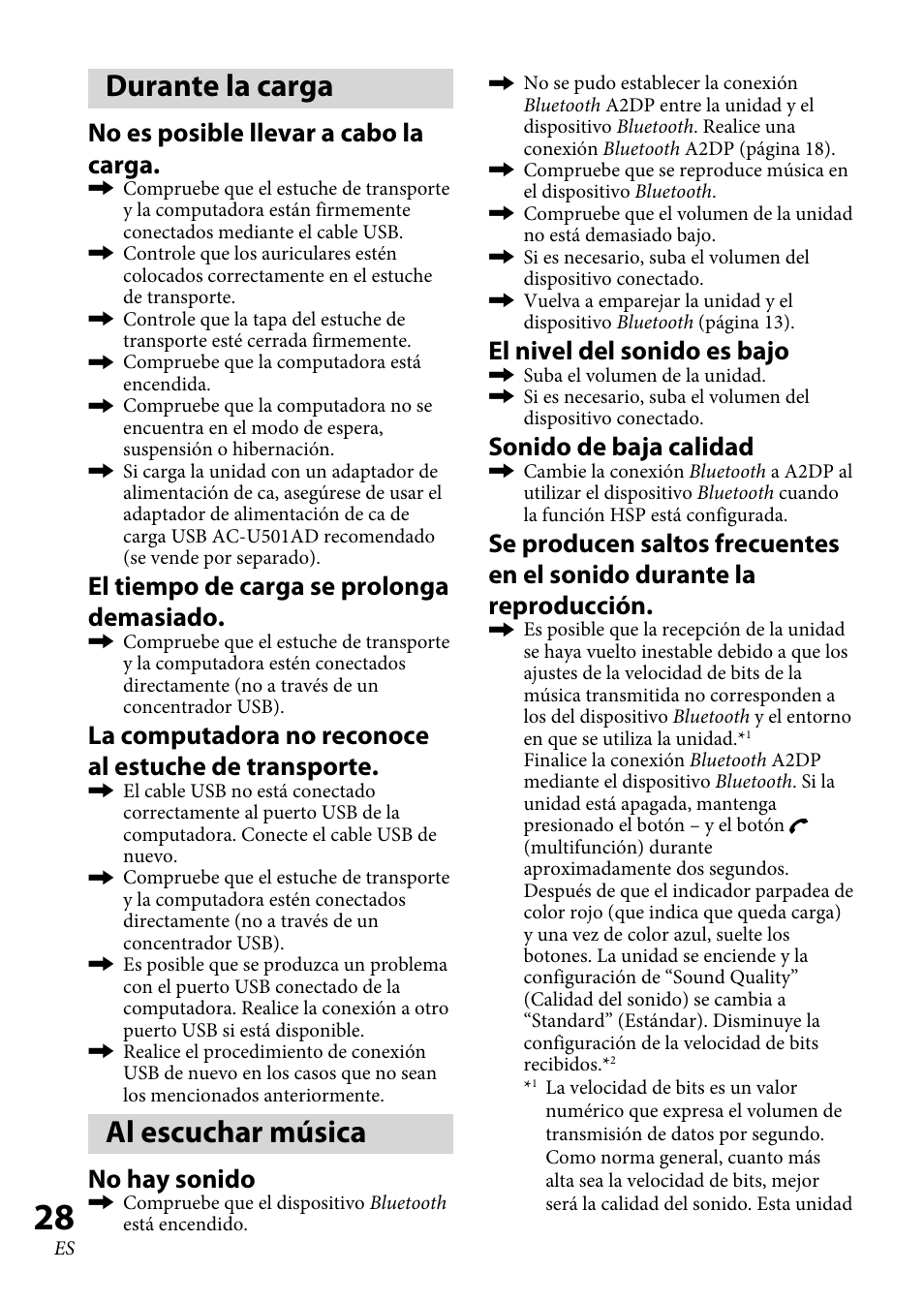 Durante la carga, Al escuchar música, No es posible llevar a cabo la carga | El tiempo de carga se prolonga demasiado, No hay sonido, El nivel del sonido es bajo, Sonido de baja calidad | Sony XBA-BT75 User Manual | Page 60 / 64