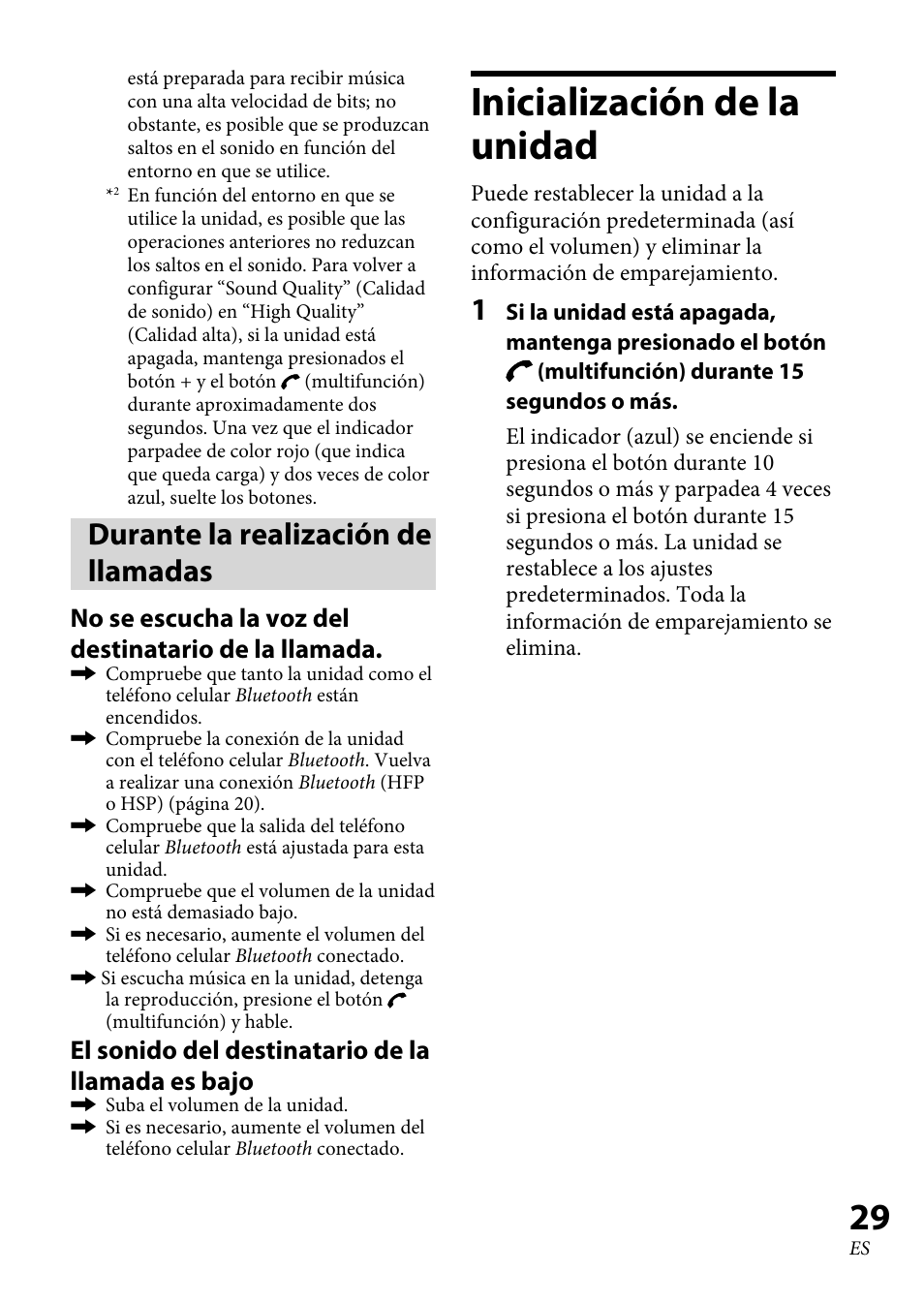 Durante la realización de llamadas, Inicialización de la unidad, Durante la realización de | Llamadas, Inicialización de la unidad ... 9, El sonido del destinatario de la llamada es bajo | Sony XBA-BT75 User Manual | Page 61 / 64